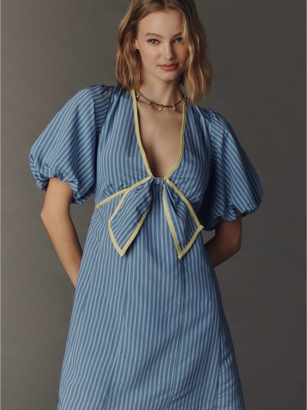 Anthropologie Blue Stripe Tie-Front Puff Sleeve Mini Dress with Pale Yellow Trim